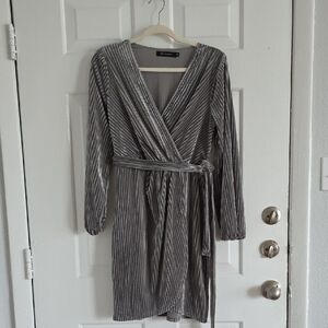 Aqua Silver Pleated Velvet Wrap Dress with Tie Belt